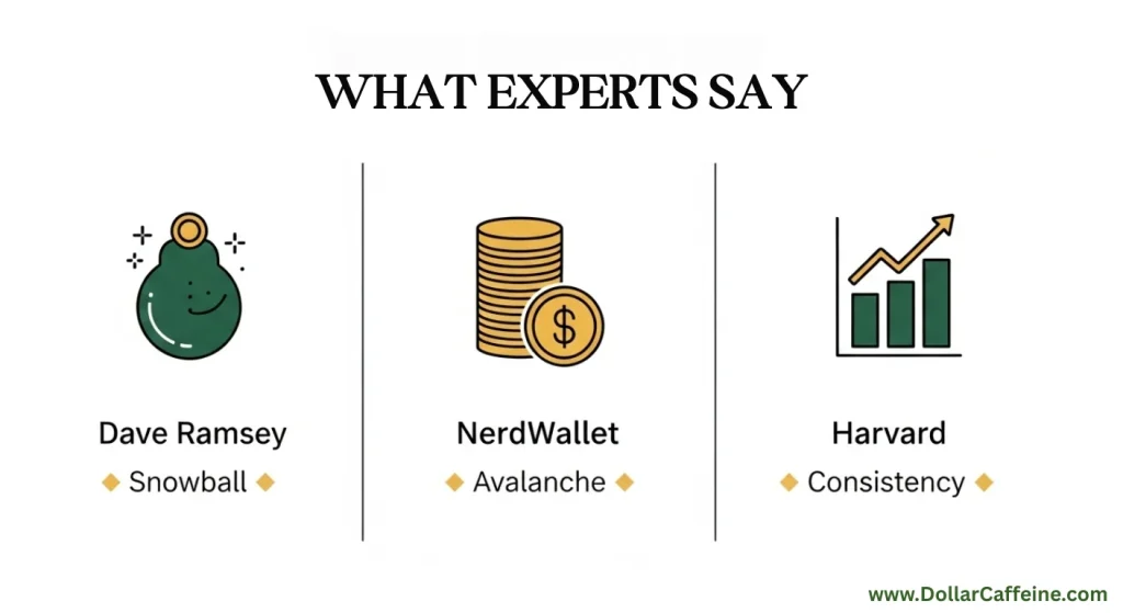 A graphic showing what experts like Dave Ramsey and NerdWallet say about debt payoff plans.