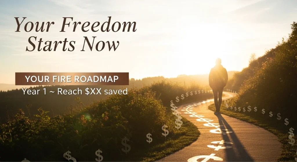 A person walking on a path lined with dollar signs towards a bright sunrise, symbolizing the start of their financial freedom journey and FIRE roadmap.