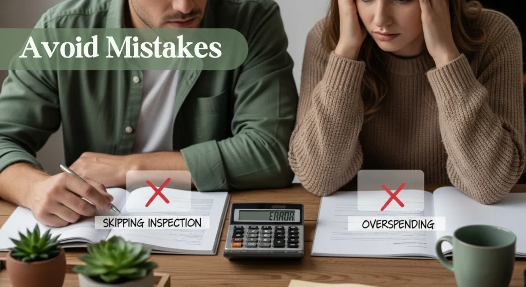 A cropped photograph shows a distressed couple sitting at a desk, looking down at paperwork. The man is writing, and the woman has her hands on her temples. A calculator in the center displays the word "ERROR". Two common mistakes in real estate are highlighted: an overlay with a red "X" and the text "SKIPPING INSPECTION" is near the man's paper, and another "X" with the text "OVERSPENDING" is near the woman's paper. The phrase "Avoid Mistakes" is overlaid in the upper left corner