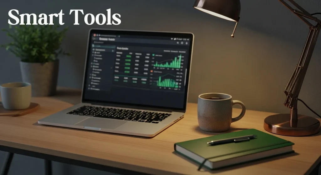 Laptop screen displaying financial data dashboard or trading charts, representing the use of smart tools for analysis.