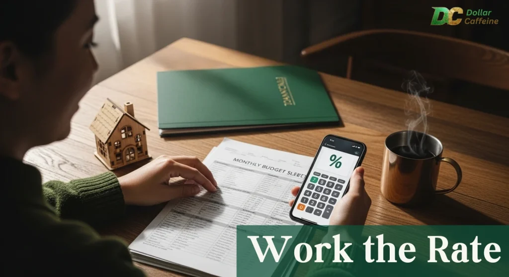 A photograph of a person sitting at a wooden table reviewing a "MONTHLY BUDGET SHEET" with their right hand while holding a smartphone in their left. The smartphone screen displays a calculator app with a percentage (%) symbol on top. A small, wooden model house and a steaming mug of coffee are also on the table. The text "Work the Rate" is overlaid on the bottom right corner, and the "DC Dollar Caffeine" logo is in the top right.