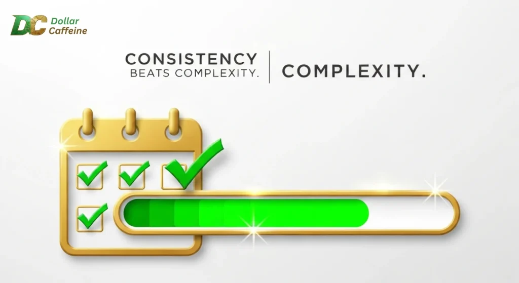 A calendar with checkmarks and a progress bar, emphasizing that consistency beats complexity in financial management