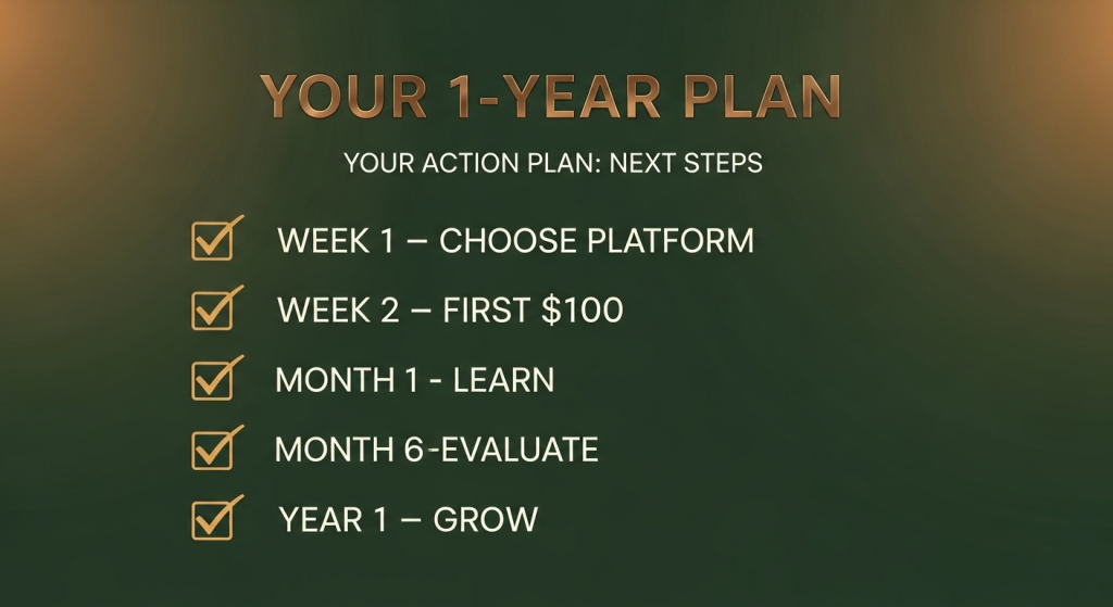  A one-year investing action plan checklist with steps like "Choose Platform" and "Evaluate" for beginners.