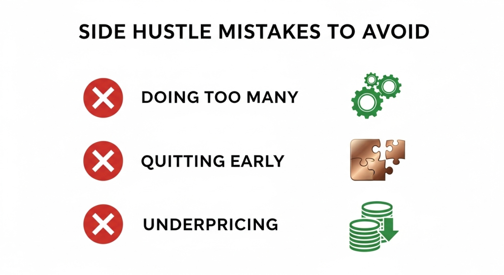 An infographic listing common side hustle mistakes to avoid. The graphic highlights three key errors with icons: doing too many (gears), quitting early (puzzle pieces), and underpricing (stack of coins with a down arrow). This image provides useful tips for individuals looking to succeed in a side hustle or gig economy role." showing 10 side hustle to earn 
