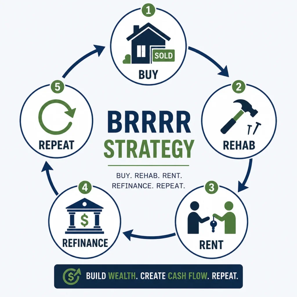 A flowchart illustrating the 5 steps of the BRRRR method: Buy, Rehab, Rent, Refinance, Repeat.