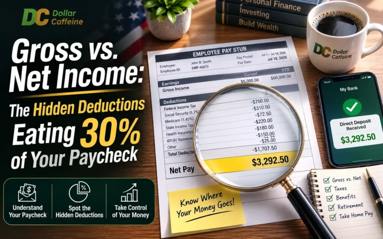 A magnifying glass over a pay stub showing deductions, illustrating the difference between gross vs net income.