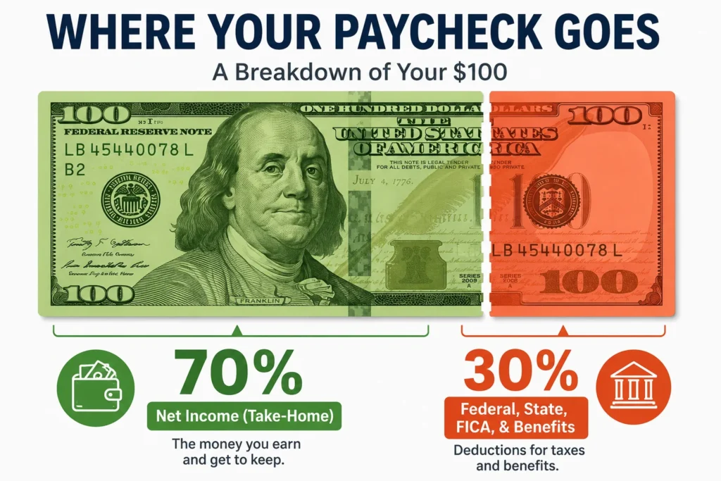 A visual infographic showing 30 percent of a paycheck going to taxes and deductions of gross vs net income