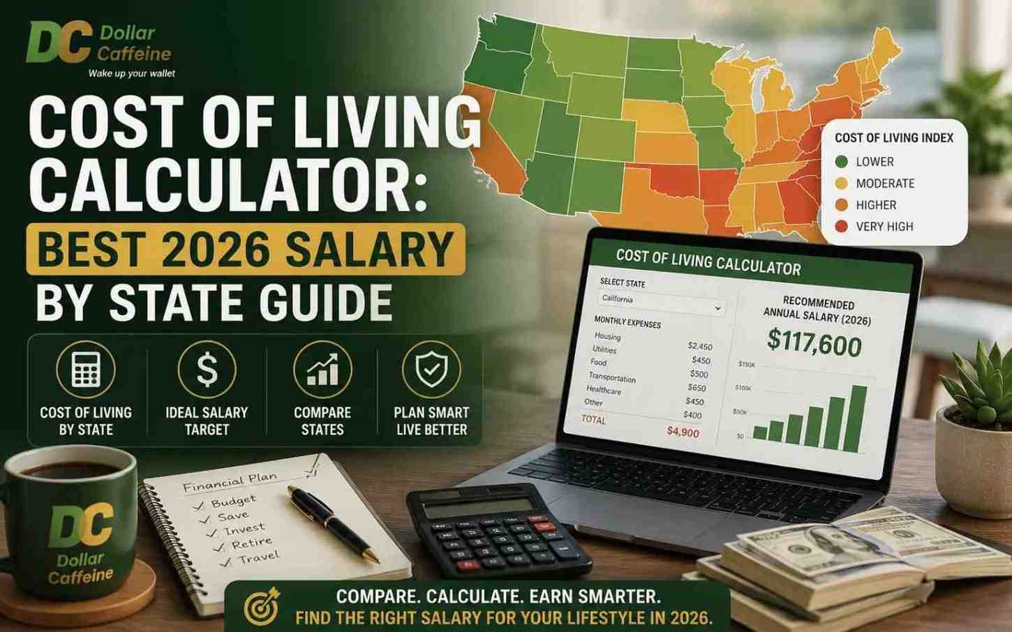 A financial map and cost of living calculator illustrating the cost of living by state for 2026.