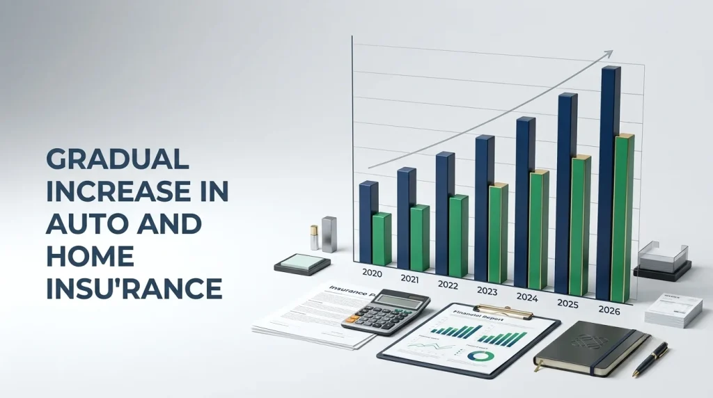 Bar chart showing the steady increase in home and auto insurance premiums leading up to 2026.