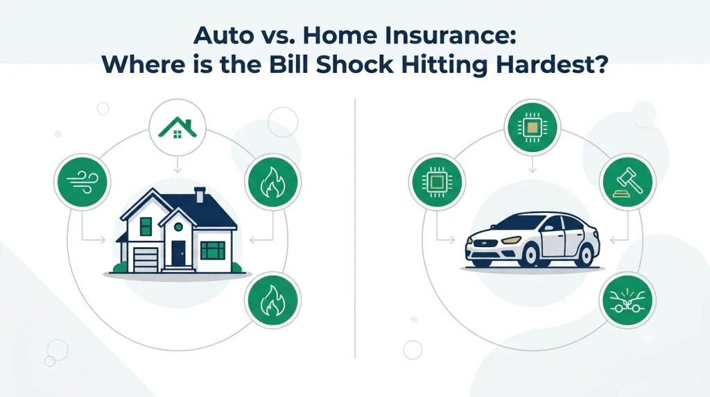 Infographic showing roof age, climate, and materials raising home insurance; sensors, litigation, and local thefts raising auto insurance